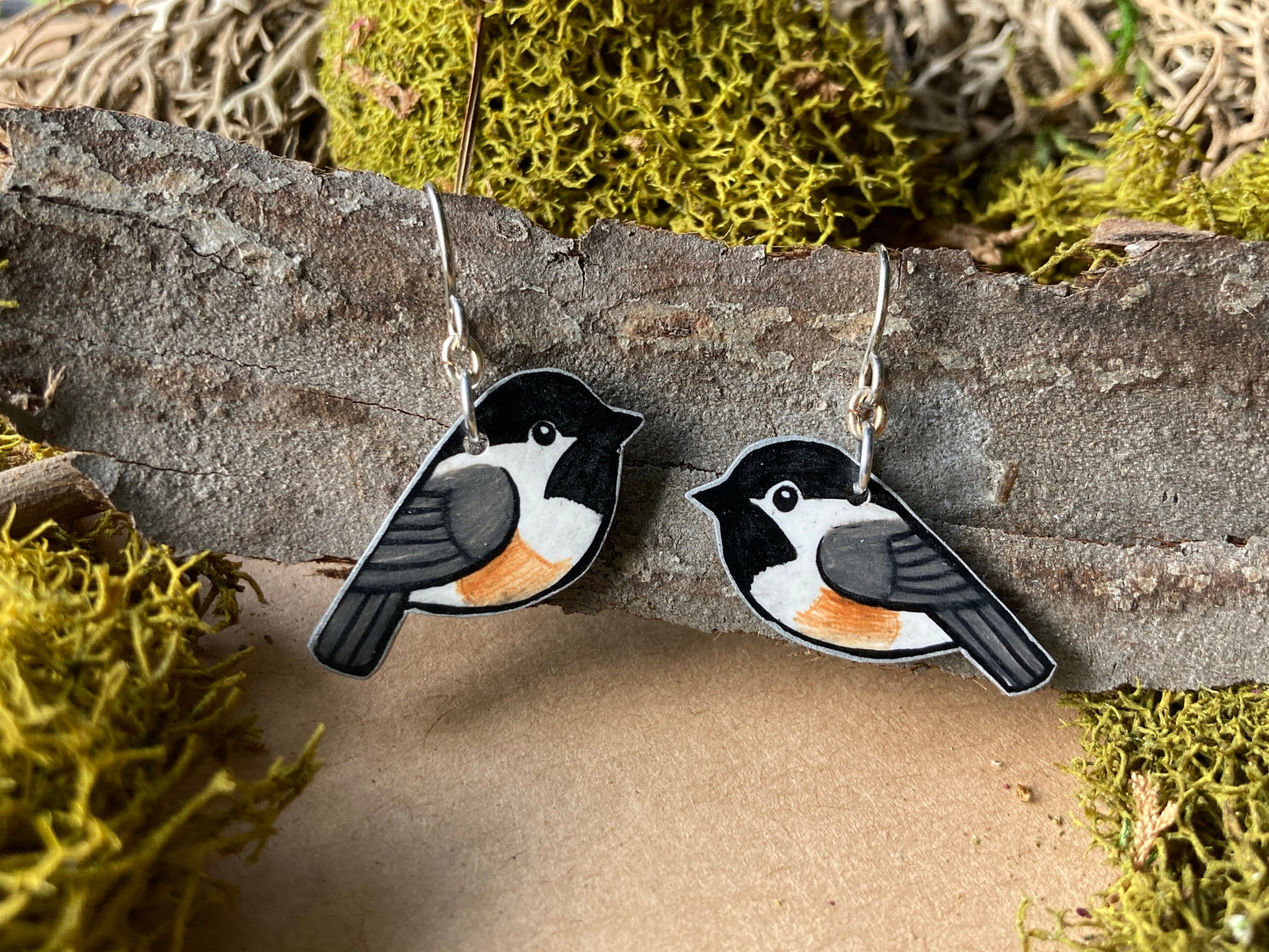 Hand-Drawn Chickadee Earrings: Bird Art Jewelry