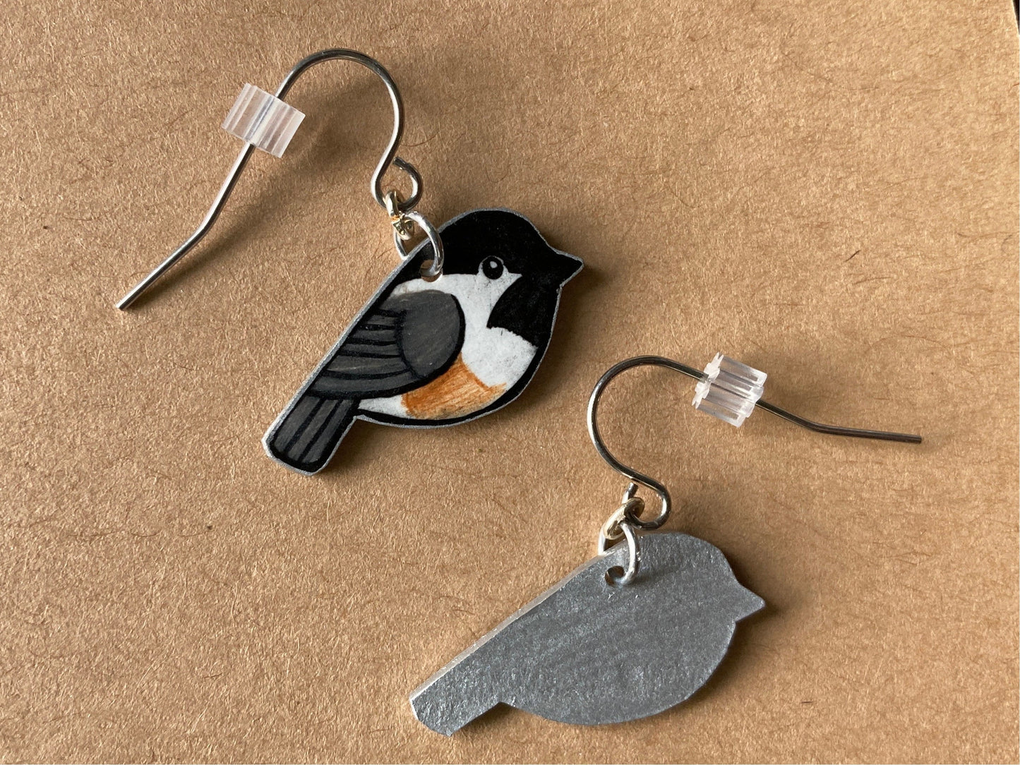 Hand-Drawn Chickadee Earrings: Bird Art Jewelry