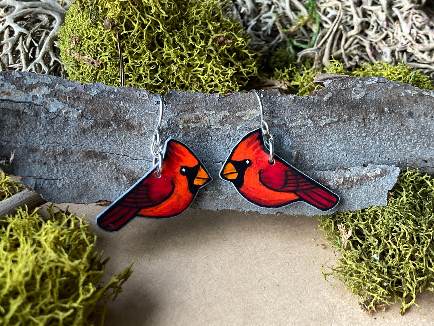 Northern Cardinal Songbird Earrings - Cardinalis cardinalis - Handcrafted Original Artwork
