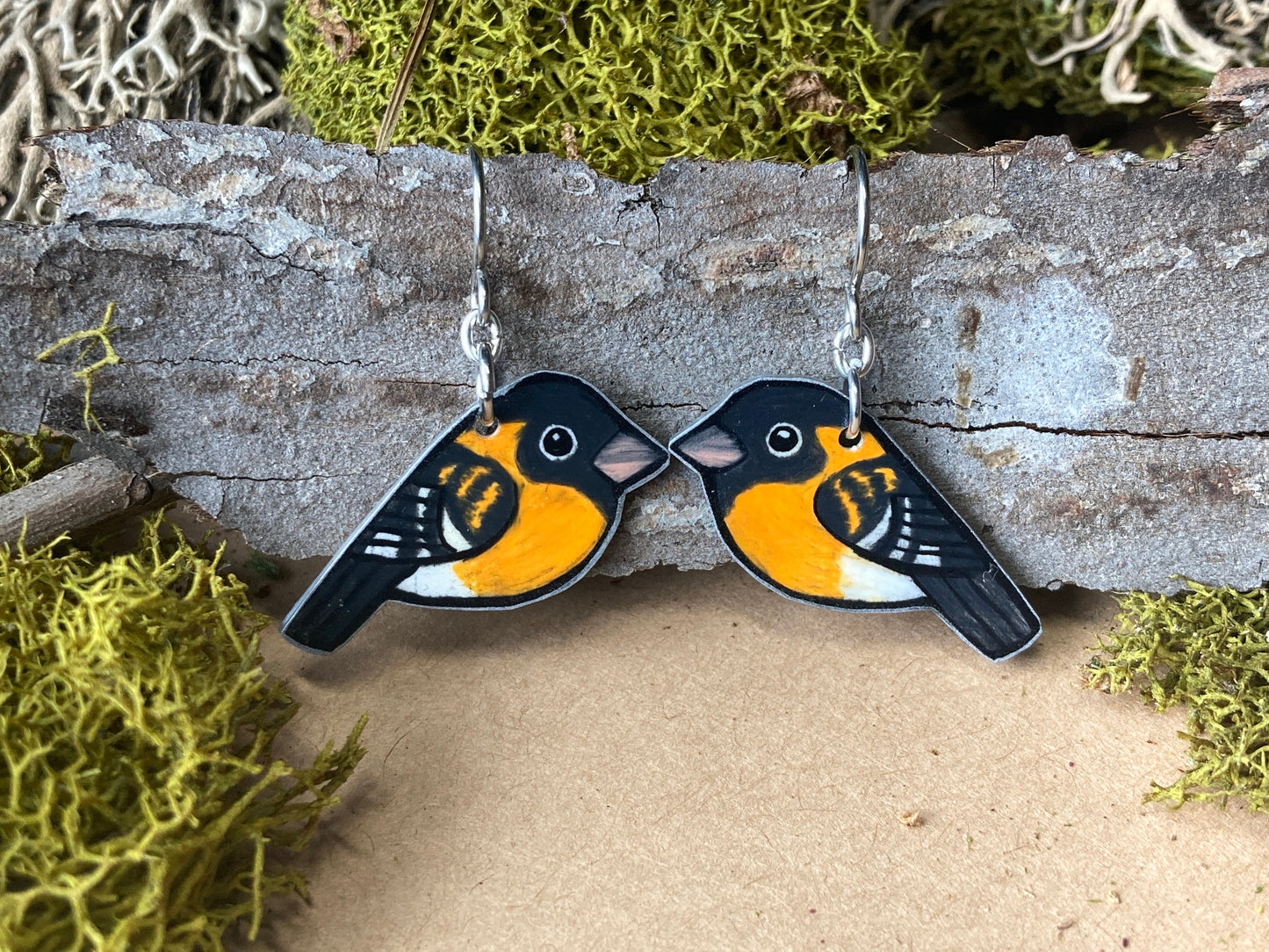 Hand-Drawn Black Headed Grosbeak Earrings | Lightweight Bird Jewelry