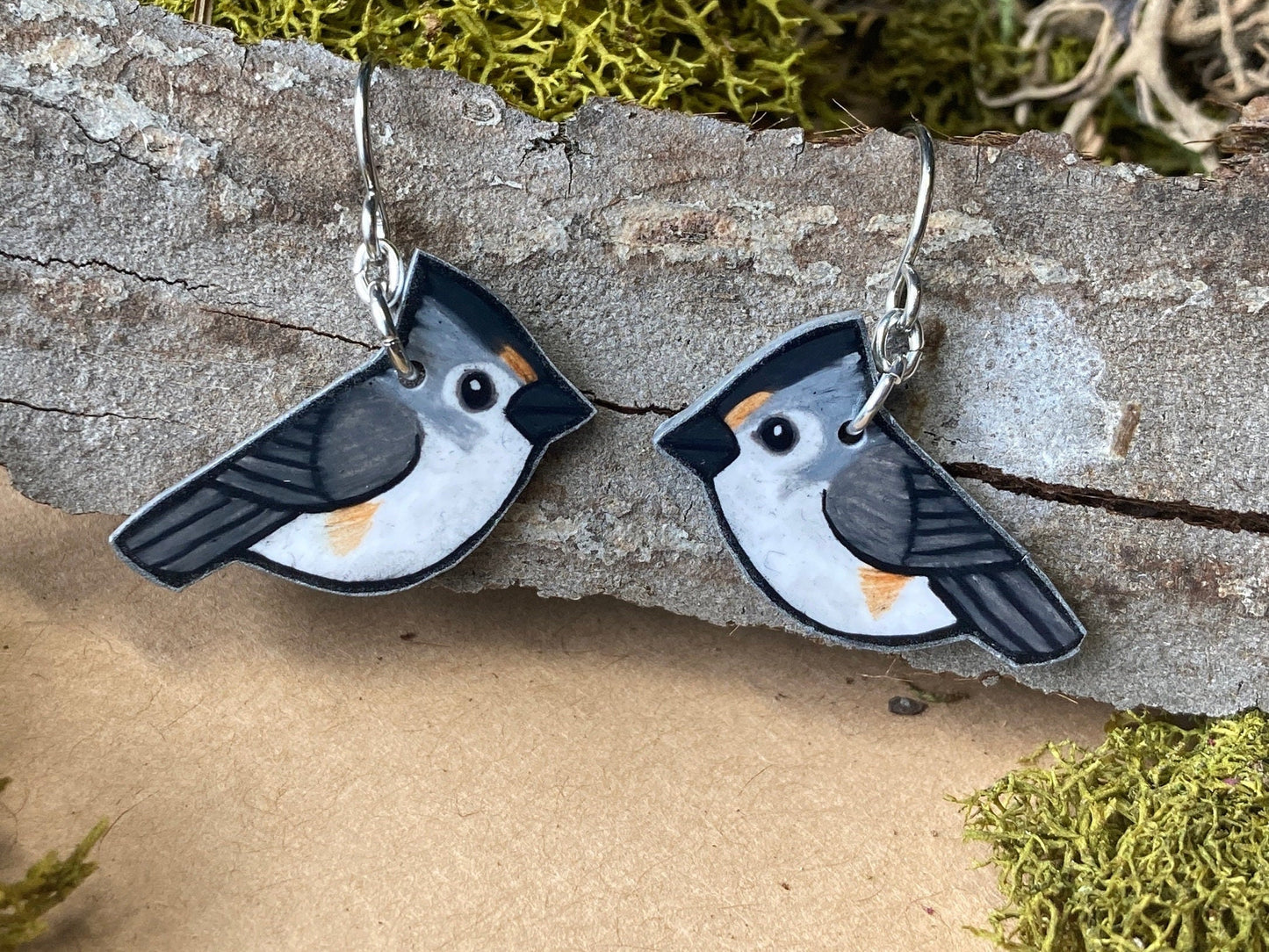 Hand-Drawn Black-Crested Titmouse Earrings | Hypoallergenic Bird Jewelry
