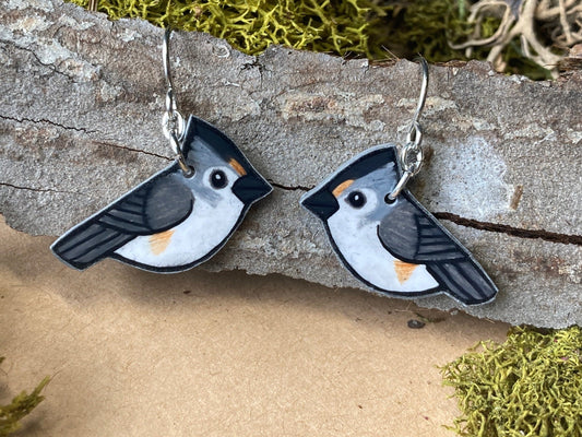 Hand-Drawn Black-Crested Titmouse Earrings | Hypoallergenic Bird Jewelry