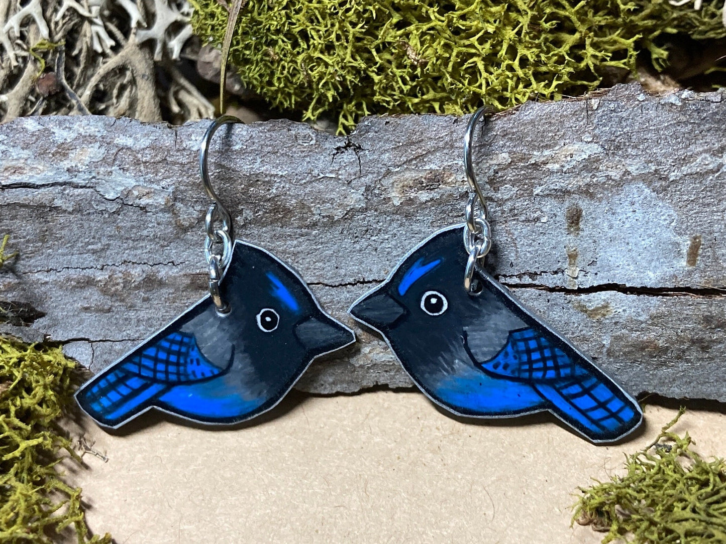 Steller's Jay Earrings: Hand-Drawn Bird Art Jewelry