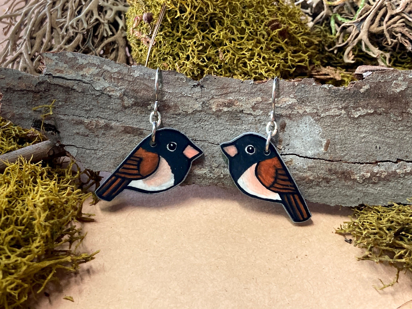 Dark-eyed Junco (Junco hyemalis) Hand Drawn Bird Earrings