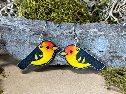 Western Tanager Bird Earrings | Hand-Drawn, Hypoallergenic