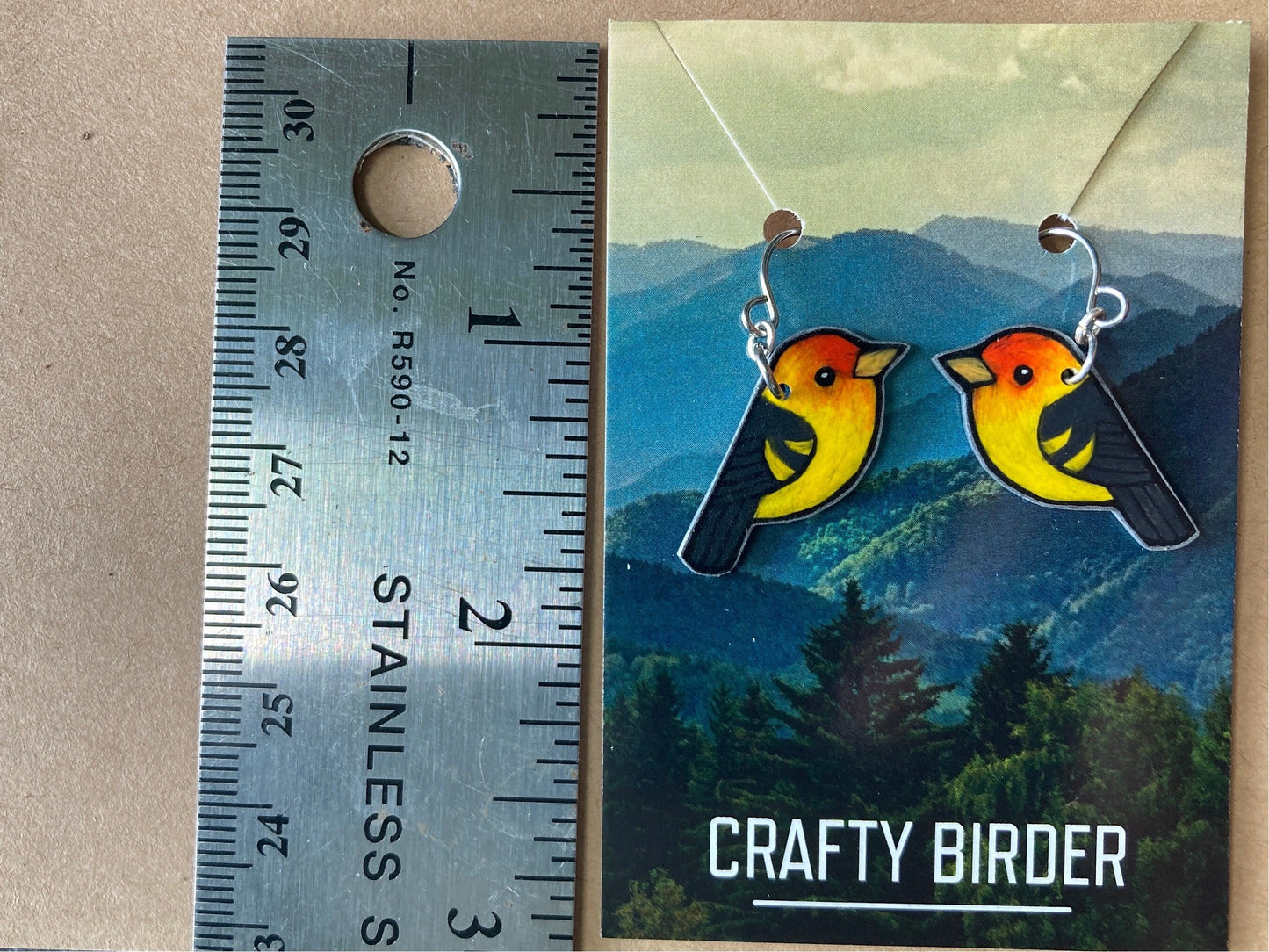 Western Tanager Bird Earrings | Hand-Drawn, Hypoallergenic