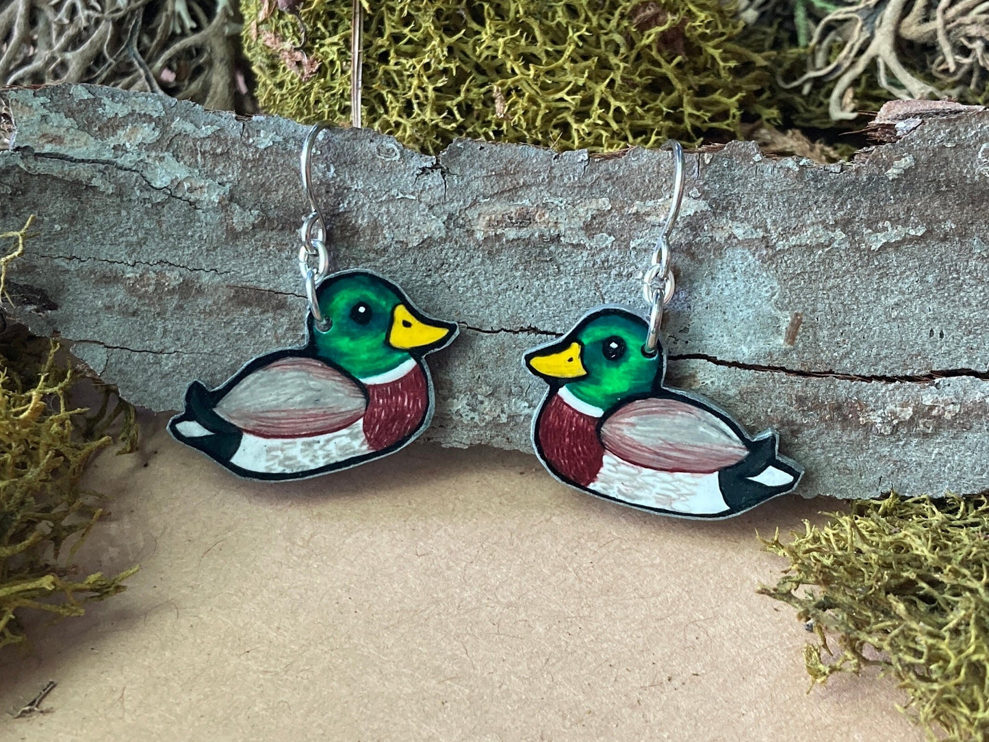Hand-Drawn Mallard Duck Earrings | Stainless Steel Hooks