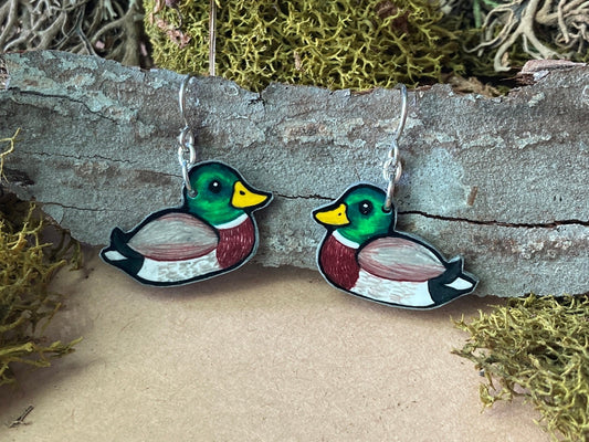 Hand-Drawn Mallard Duck Earrings | Stainless Steel Hooks