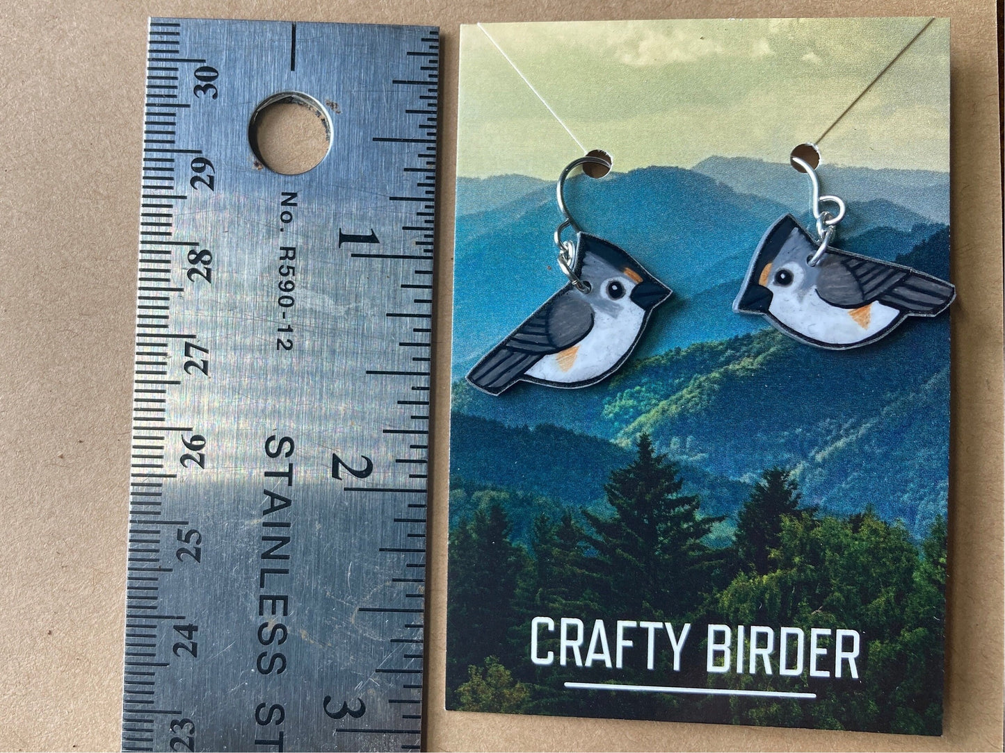 Hand-Drawn Black-Crested Titmouse Earrings | Hypoallergenic Bird Jewelry