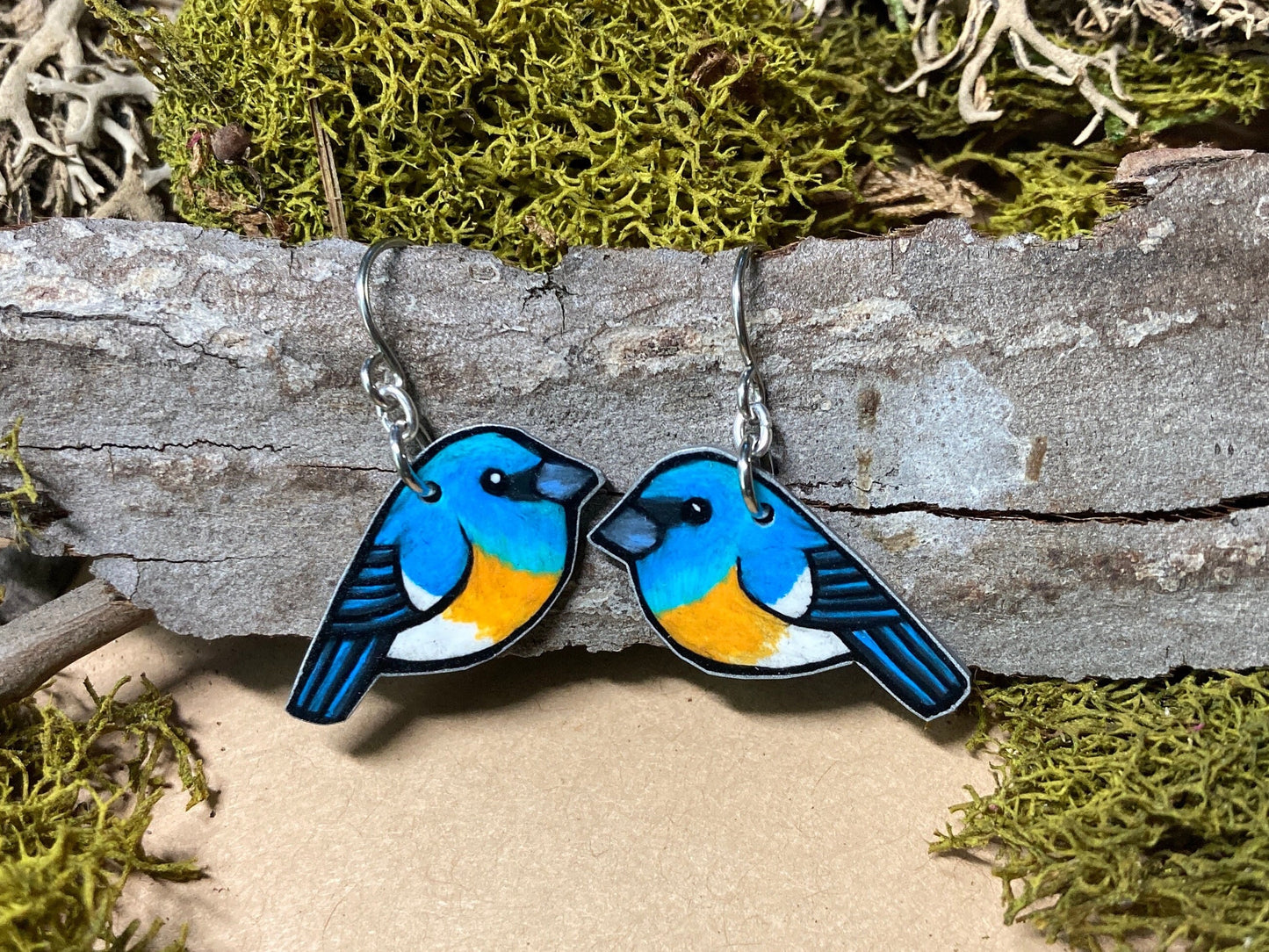 Lazuli Bunting Hand Drawn Bird Earrings