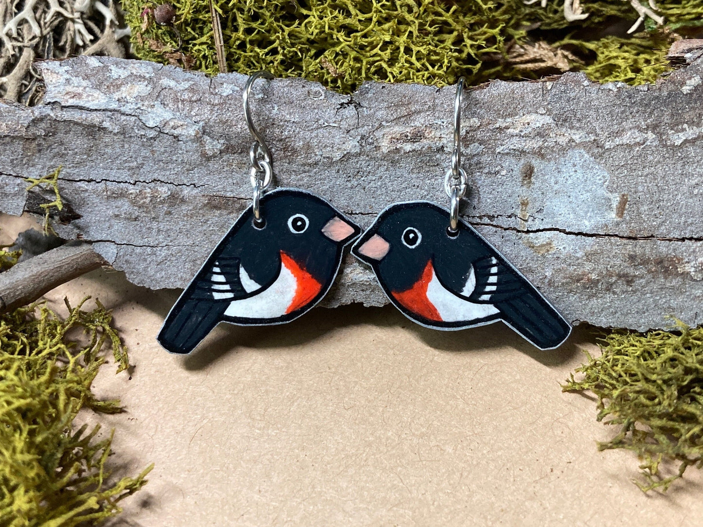 Rose-Breasted Grosbeak (Pheucticus ludovicianus) Hand Drawn Bird Earrings